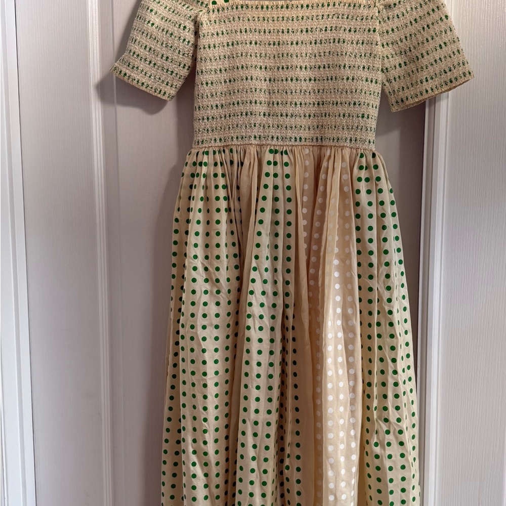 Tory Burch Women Charming Cream and Green Polka Dot Women Dress